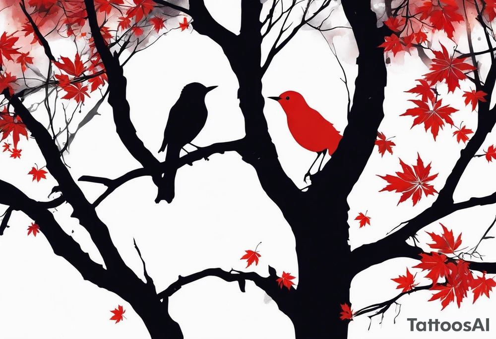 trash polka style. Arm tattoo. chest tattoo. Long tattoo. large tattoo. Full sleeve. Shoulder. A single large maple tree with red autumn leaves that branches upwards from wrist to shoulder. White-throated dipper bird on the trees branches. Calluna flowers at the base of the trees stem. Tree stem has dark colors. Red/yellow sunset behind the trees stem. Leaves falling. tattoo idea