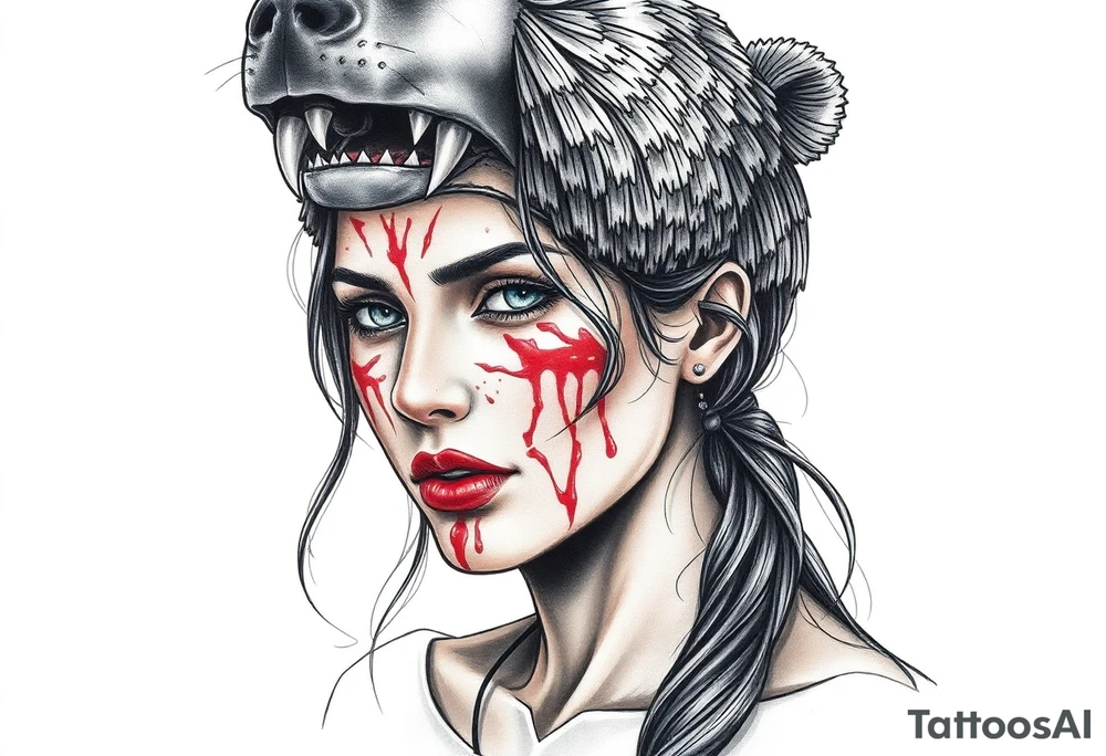 Beautiful Woman with battle scars and blood on face wearing dead bear on head tattoo idea