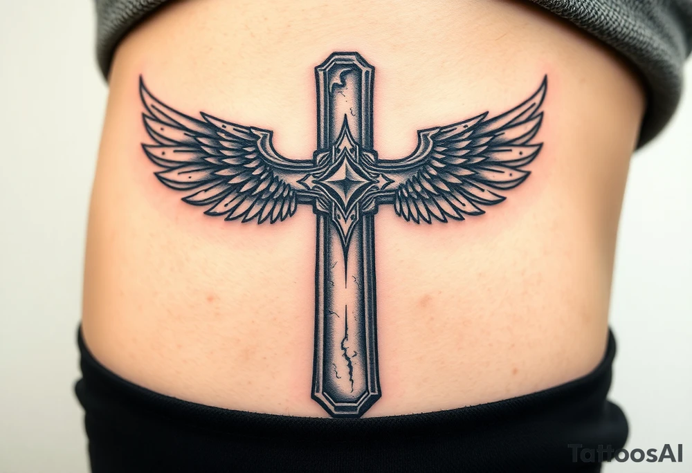 A metal cross with scratches and dents, with warrior-like armored wings in steel gray tattoo idea