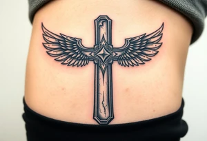 A metal cross with scratches and dents, with warrior-like armored wings in steel gray tattoo idea