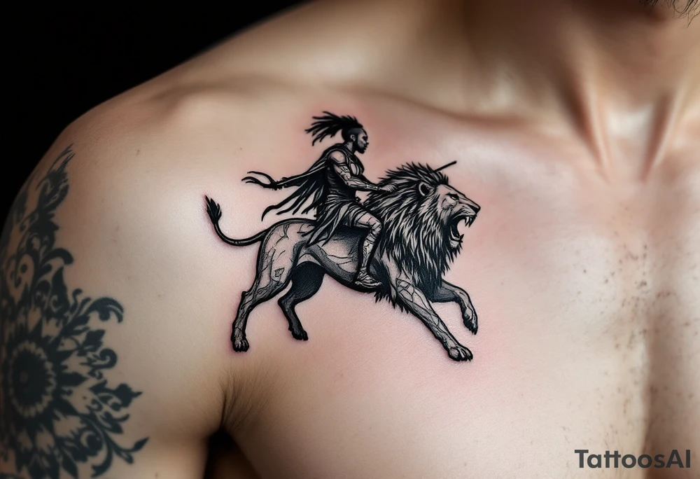 African warrior riding on top of lion into battle tattoo idea