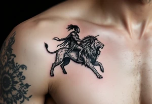 African warrior riding on top of lion into battle tattoo idea