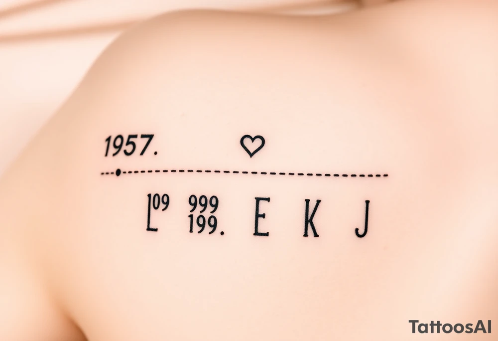 Top Line: The parent's birth year (1957) will be at the top, centered.  A small heart will be placed either directly beside it or slightly above it.
* Timeline Line: A faint, dotted line will extend horizontally from the parent's year, representing the timeline.
* Children's Years: Four birth years (1980, 1989, 1998, 2000) will be placed below the dotted line, evenly spaced.
* Initials (Optional): If desired, the children's initials (L, E, K, J) can be placed directly below their respective birth years.
Visualizing It:
Imagine it like this:
          1957 <3 
    .......................
    1980   1989   1998   2000
     L          E             K         J tattoo idea