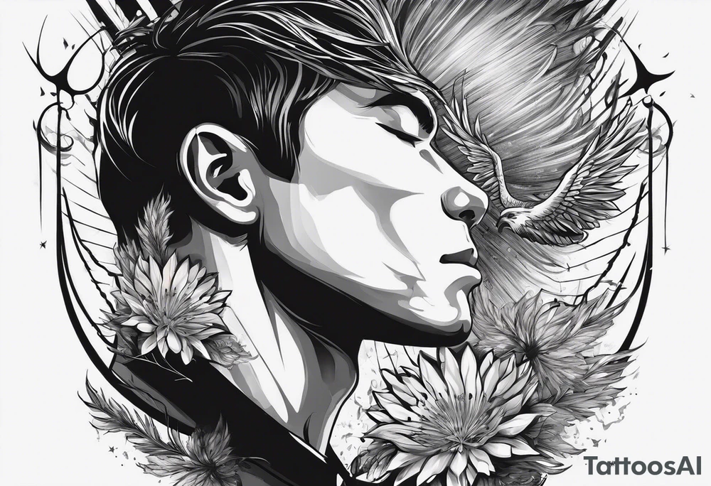 Create a tattoo of a man's face in profile evaporating.  The tattoo symbolizes deliverance after a break-up. Behind it is a chain breaking and the face is looking at dandelions and a phoenix.

The tattoo should symbolize deliverance, strength and peace. tattoo idea