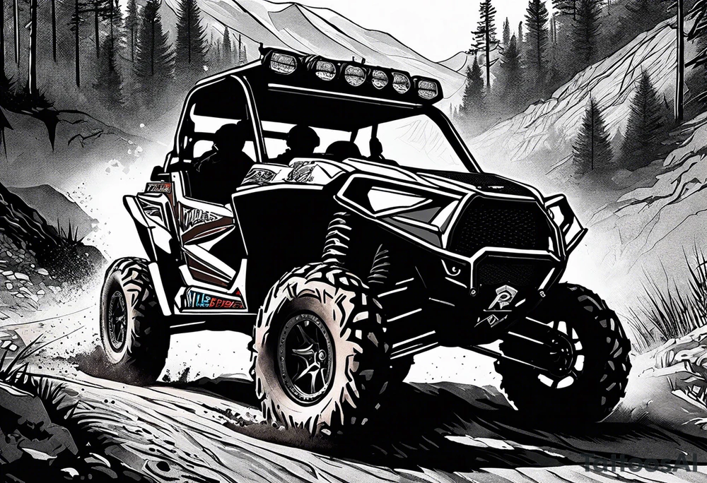 wilderness 4x4 trail with multiple polaris rzr off road vehicles slinging mud, include a rider with a helmet driving tattoo idea