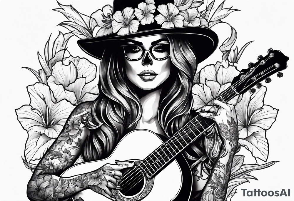 female skeleton playing guitar. Hibiscus flower tattoo idea