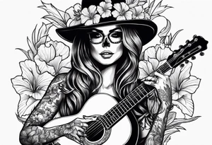 female skeleton playing guitar. Hibiscus flower tattoo idea