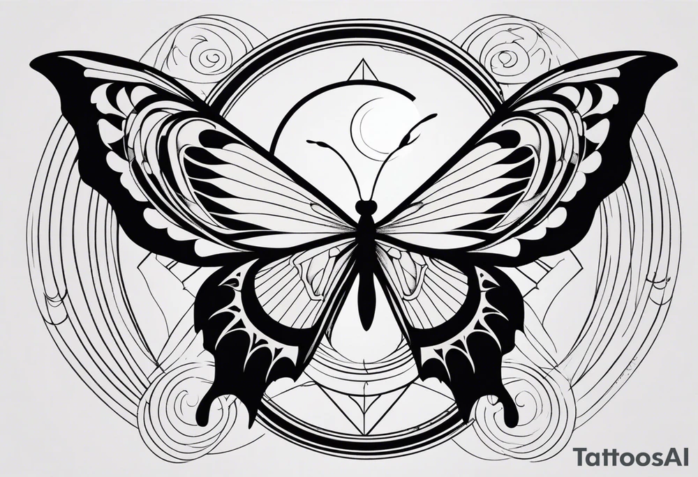 A minimalist black and white butterfly, symmetrical design with the sun subtly incorporated into one wing and the moon in the other, fire and water elegantly woven into opposite wings, and air and earth elements mirrored in the remaining wings. The overall design is simple, feminine, and balanced, with all elements symmetrically integrated. tattoo idea