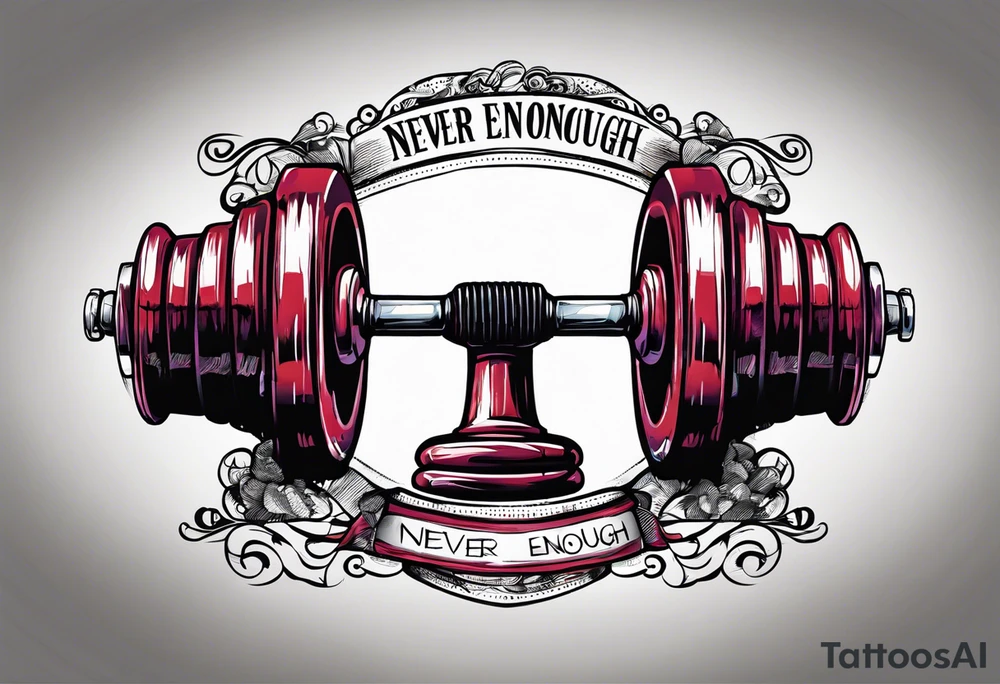 Dumbell with writing text : never enough tattoo idea