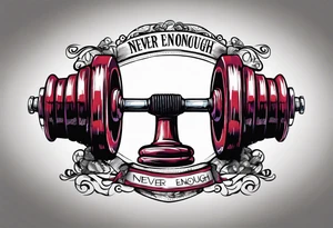 Dumbell with writing text : never enough tattoo idea