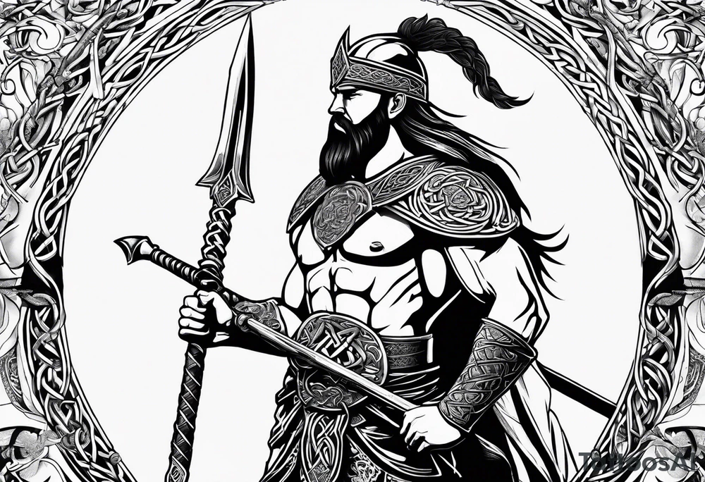 Side facing full body shot of Celtic warrior with weapon unsheathed. tattoo idea