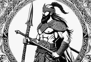 Side facing full body shot of Celtic warrior with weapon unsheathed. tattoo idea