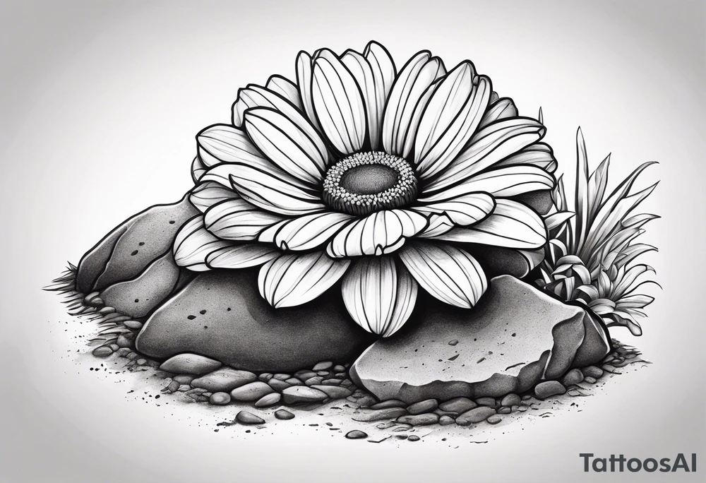 Create a tattoo of a flat topped granite rock with a base under the ground line that is pointed and deep, surrounded by freshly tilled and raked soil ready to be planted and under ground in front of the rock, a seed planted and pushing through the soil with a beautiful orange Gerber daisy tattoo idea