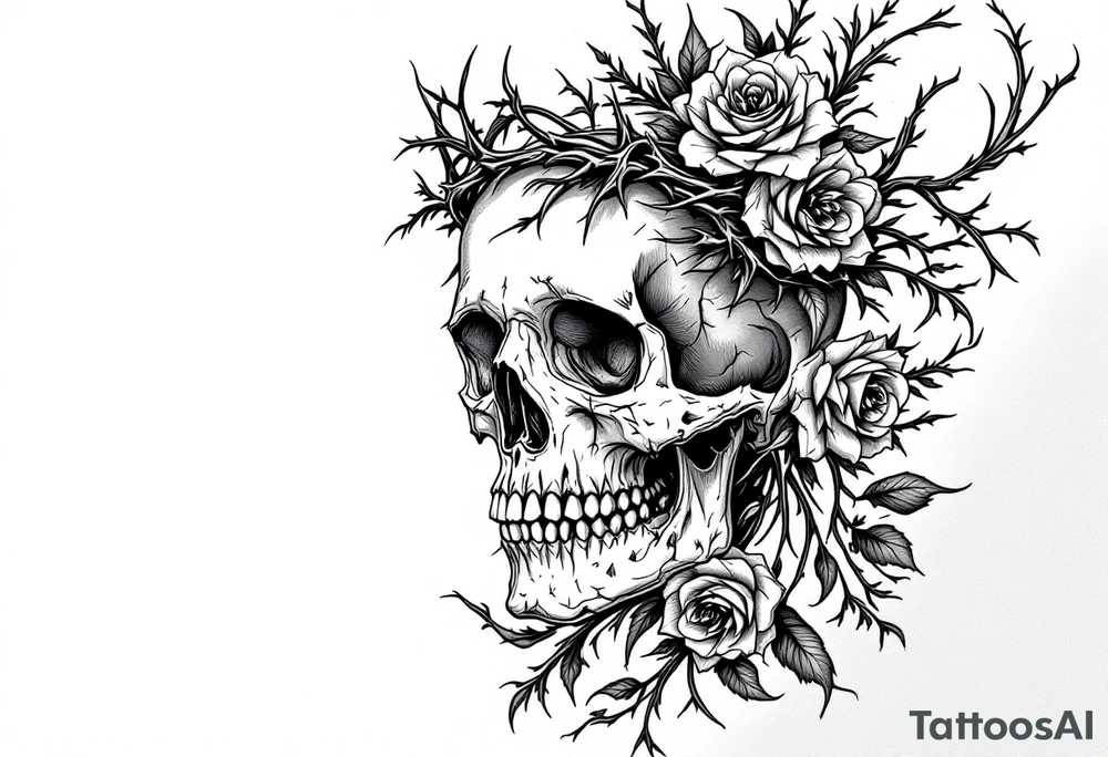 ornate skull adorned with crown of wild roses and thorns tattoo idea
