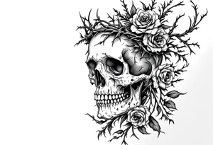 ornate skull adorned with crown of wild roses and thorns tattoo idea