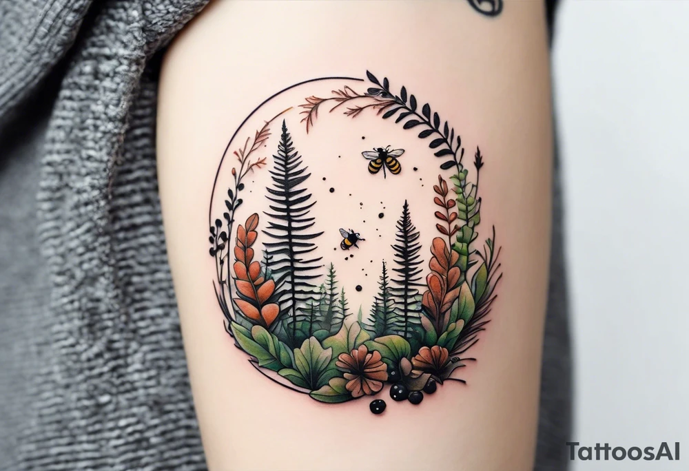 minimalistic forest floor inspired tattoo, which includes grass, moss, curly ferns and dead leaves as the bulk of the tattoo. details to include: forest berries, couple of very small brown mushrooms, a tiny bumblebee flying nearby tattoo idea