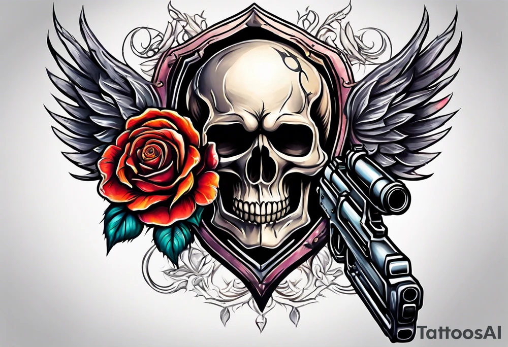 skull with a gun a  rose and an dominated by a  heart with  flames coming out of the top of it tattoo idea