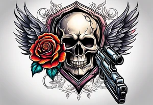 skull with a gun a  rose and an dominated by a  heart with  flames coming out of the top of it tattoo idea