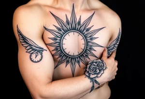sun with rays feathers with a clock on elbows with roses tattoo idea