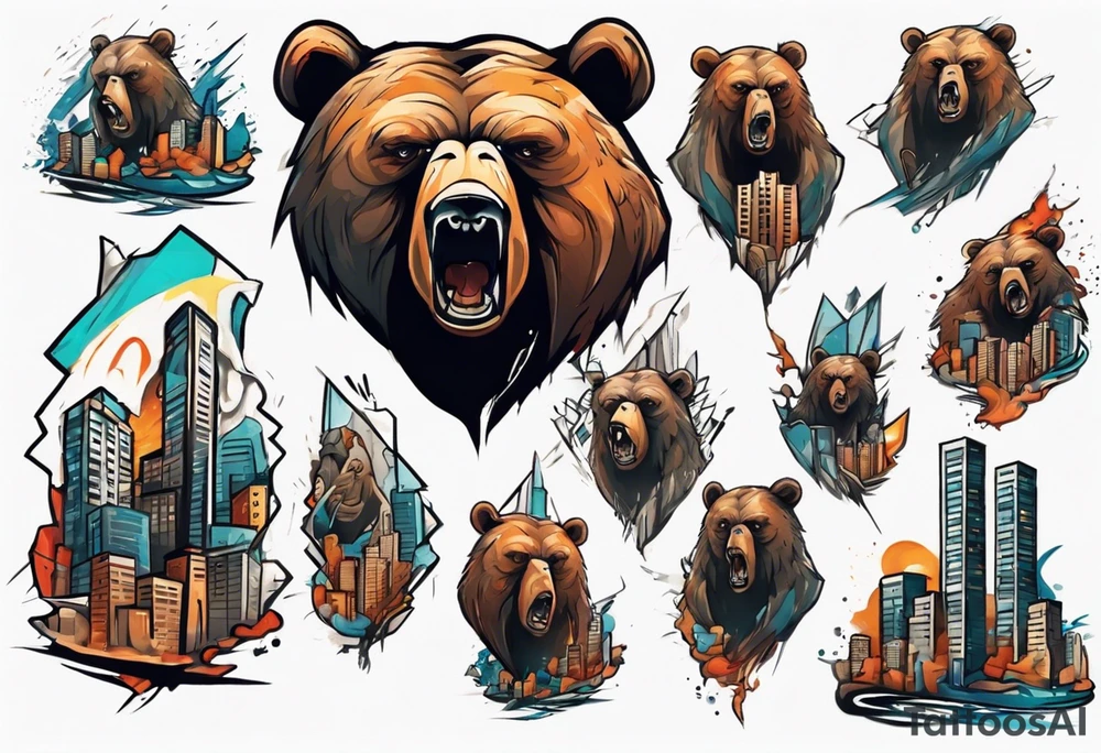Serious bear coming up behind a city tattoo idea