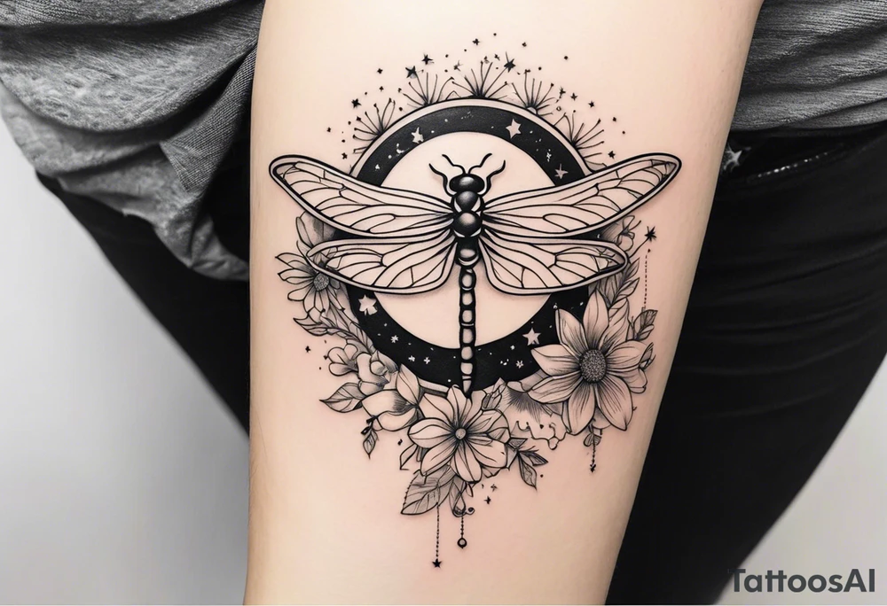 sun and moon together, dragonfly, something that covers the upper part of the arm, with some flowers and stars tattoo idea