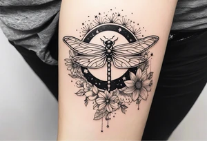 sun and moon together, dragonfly, something that covers the upper part of the arm, with some flowers and stars tattoo idea