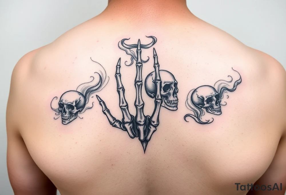 Hand tattoo four skeleton fingers fading into smoke with dead souls and skeleton heads on my forearm tattoo idea