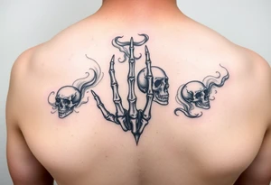 Hand tattoo four skeleton fingers fading into smoke with dead souls and skeleton heads on my forearm tattoo idea