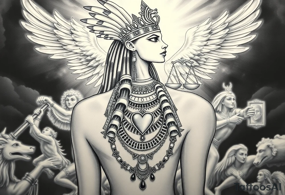 Beautiful Egyptian goddess and elegant body, depicted as a regal woman with an ostrich feather headdress, and intricate ancient Egyptian jewelry such as the Anhk necklace. Background includes something similar to heaven. Incorporate the Scales of Justice—one side holding a heart, the other Ma’at’s feather—glowing with ethereal energy. Emphasize dramatic lighting, deep shadows, and surreal, mystical atmosphere tattoo idea