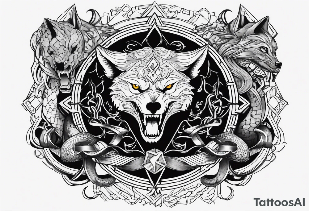 A skull, a Wolf and a Snake making a circle, insider a Hammer and a thunder tattoo idea