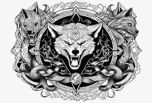 A skull, a Wolf and a Snake making a circle, insider a Hammer and a thunder tattoo idea