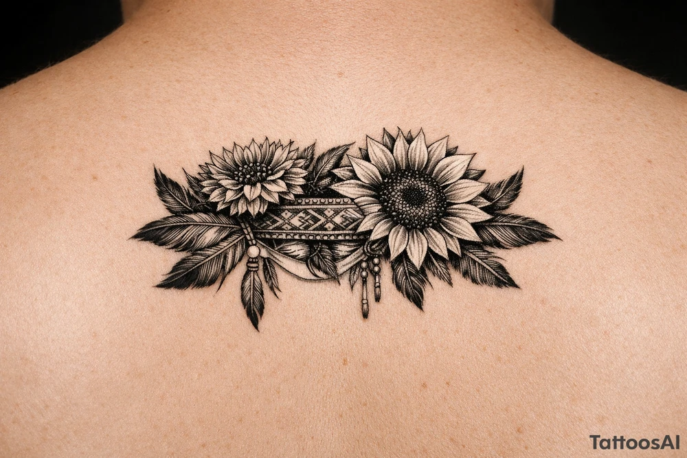 Cornflower and sunflower with feathers and female Indian headband ribboned through tattoo idea