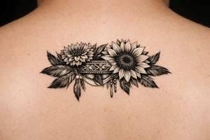 Cornflower and sunflower with feathers and female Indian headband ribboned through tattoo idea