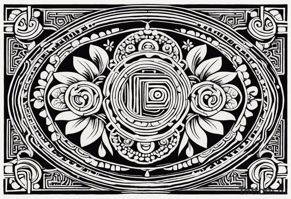 Create a masculine mayan tattoo design carved in stone featuring three flower buds of Gypsophila spp. The design should incorporate sharp, geometric patterns inspired by ancient Mayan glyphs and carvings, emphasizing strength and symmetry. The flower buds should be stylized with angular, bold lines, set within intricate, sacred Mayan motifs. The overall design should evoke harmony and balance, symbolizing the calming frequency of 432 Hz through symmetrical and flowing element tattoo idea