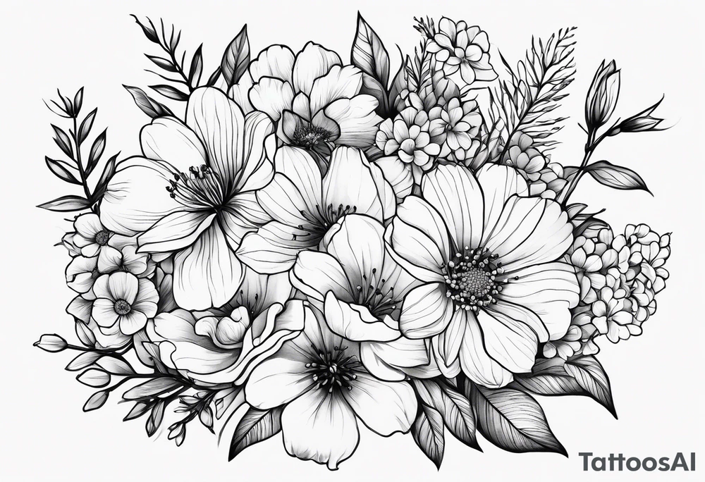 Birth flowers for April, June, July, September, October in a bouquet tattoo idea