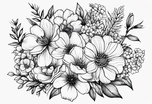 Birth flowers for April, June, July, September, October in a bouquet tattoo idea