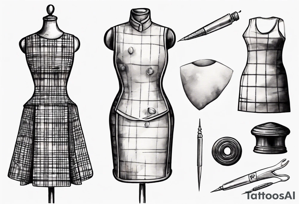 Tailor's mannequin in plaid woman's dress. Nearby a needle tracing two initials, plus a thimble. Dress Is composer by skirt and gilet. tattoo idea
