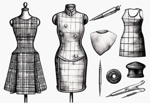 Tailor's mannequin in plaid woman's dress. Nearby a needle tracing two initials, plus a thimble. Dress Is composer by skirt and gilet. tattoo idea