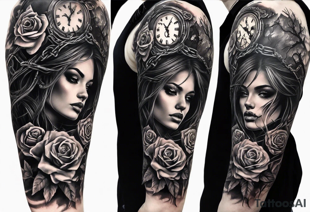 tattoo fool sleeve, tree roots break out of the chains, broken mask, clock with flying numbers, girl, skull, roses tattoo idea