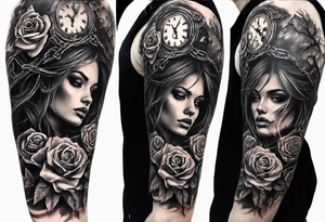 tattoo fool sleeve, tree roots break out of the chains, broken mask, clock with flying numbers, girl, skull, roses tattoo idea