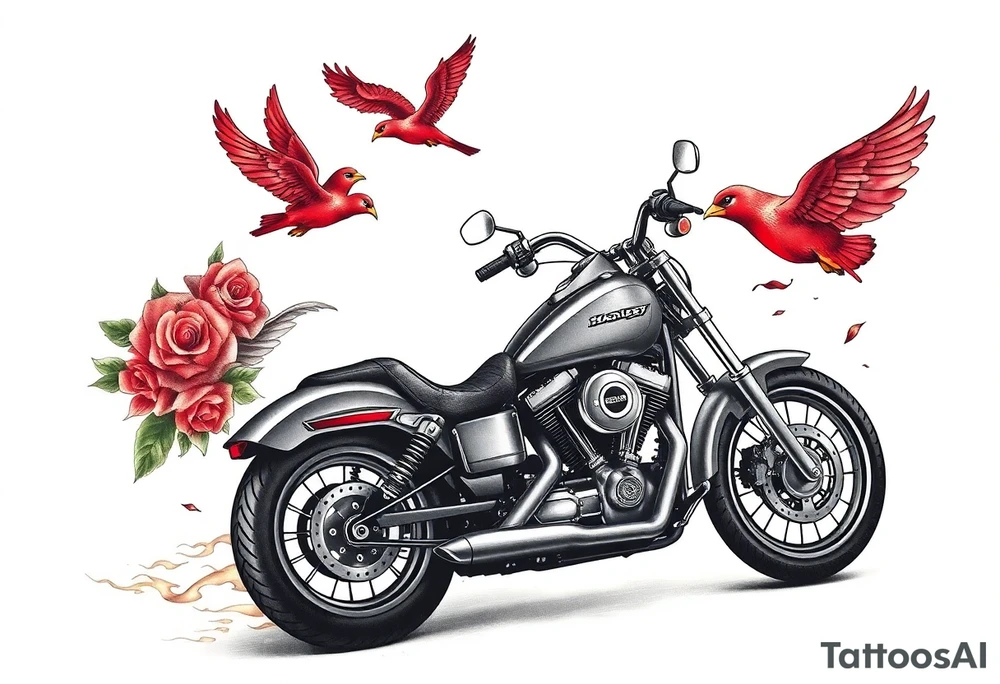Harley grey motorcycle driving away, two red birds flying, roses, flames, angel wings tattoo idea