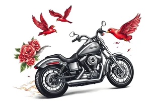Harley grey motorcycle driving away, two red birds flying, roses, flames, angel wings tattoo idea