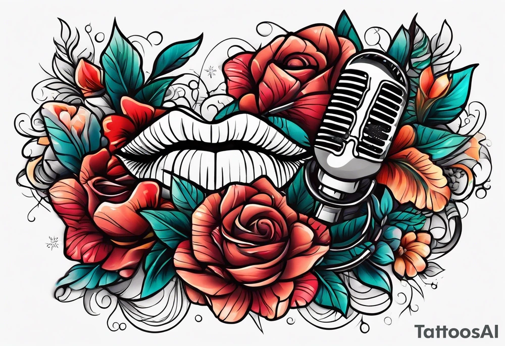 vintage lips near microphone traditional flowers tattoo idea