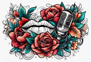 vintage lips near microphone traditional flowers tattoo idea