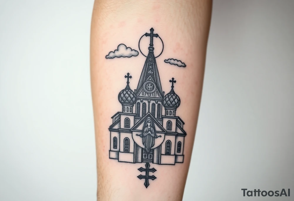 Russian Orthodox church with orthodox spire crosses, with a glow around the church, clouds above it and a virgin mary seperately looking over hands on heart sat above tattoo idea