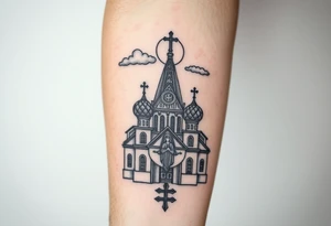Russian Orthodox church with orthodox spire crosses, with a glow around the church, clouds above it and a virgin mary seperately looking over hands on heart sat above tattoo idea