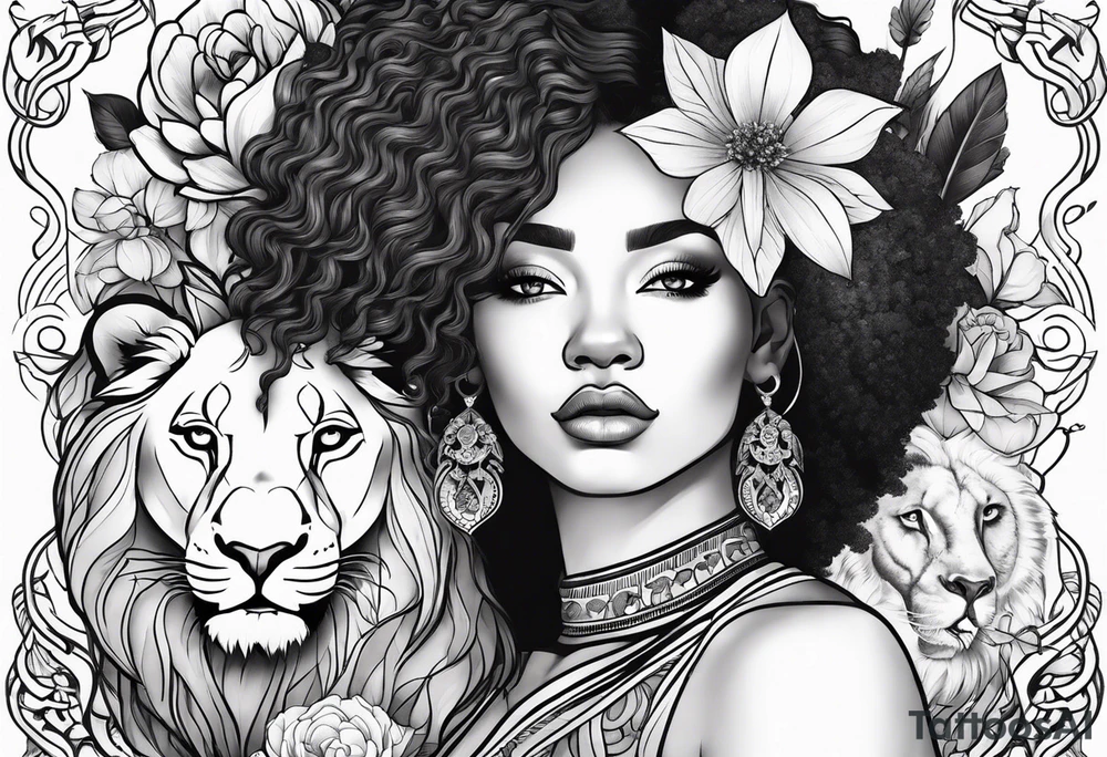 Black women body with a lion, flowers and butterflies tattoo idea