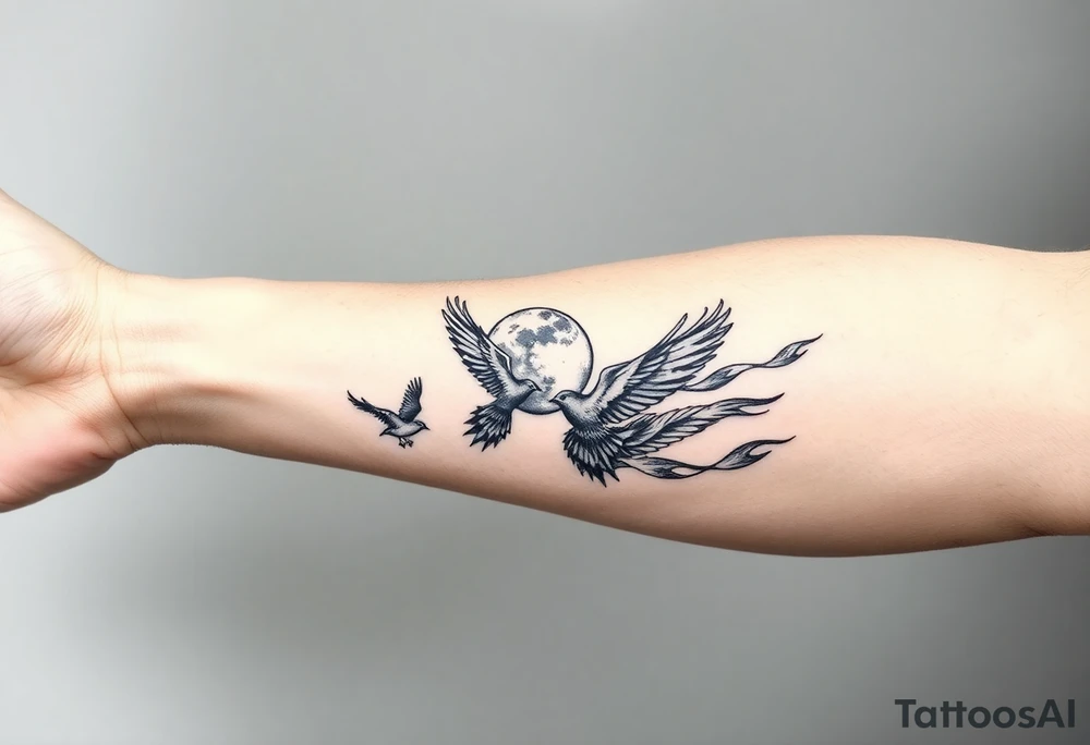 5 birds, the moon, flying, flames as filler tattoo idea