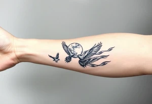 5 birds, the moon, flying, flames as filler tattoo idea