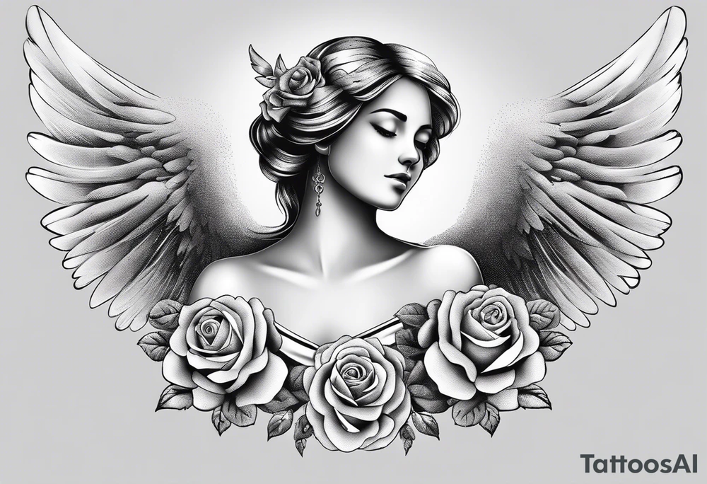 Angel, roses, name MARTINA tattoo idea